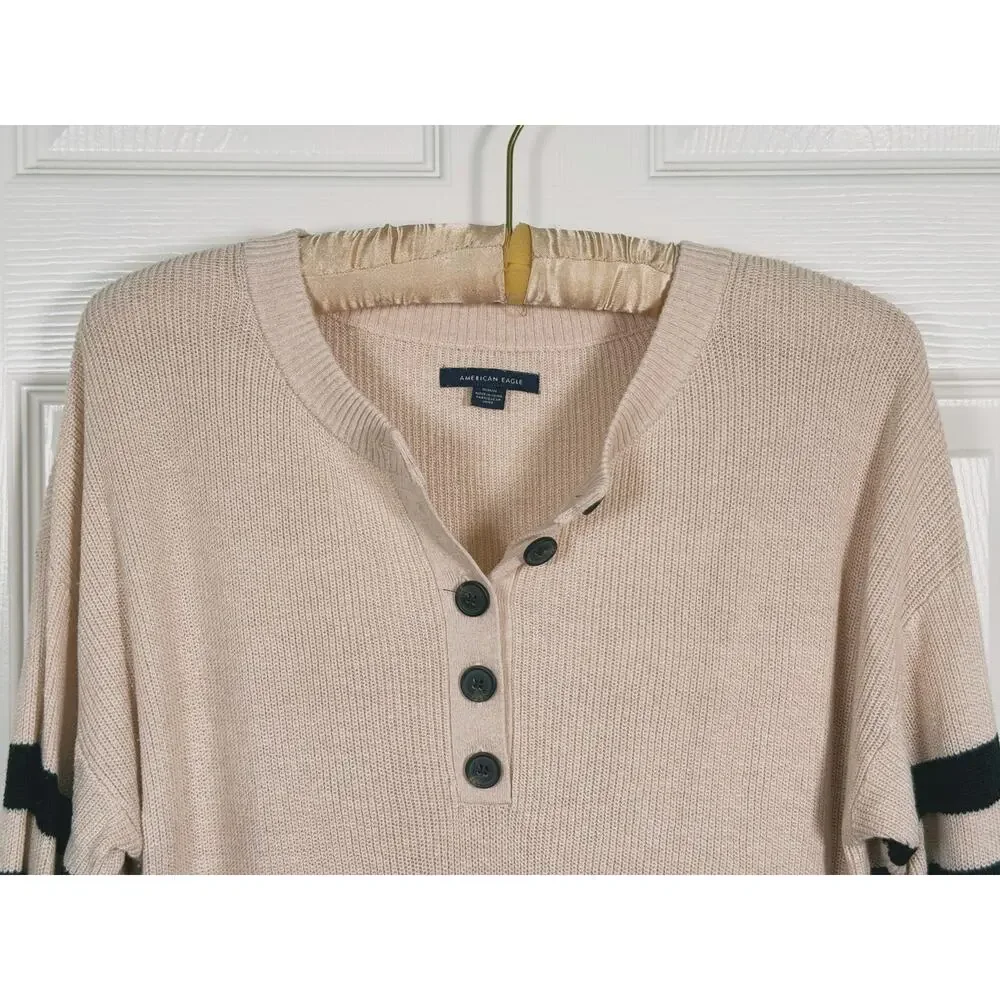 American Eagle Rugby Stripe Henley Sweater Medium Beige Ivy League Coastal Prep